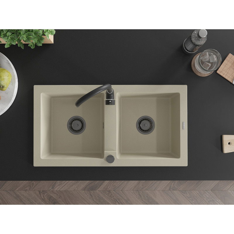 Mexen Mario zlewozmywak granitowy 2-komorowy z baterią kuchenną Telma, beżowy - 6504-69-670200-70