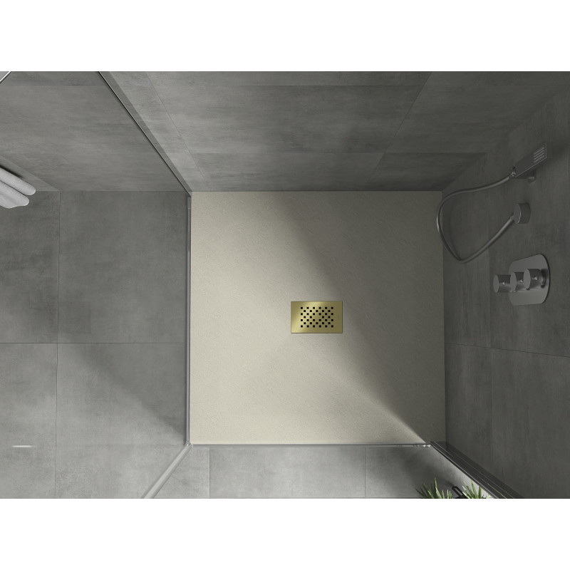 Mexen Hugo brodzik kwadratowy SMC 100 x 100 cm, beżowy, maskownica złota - 42691010-G