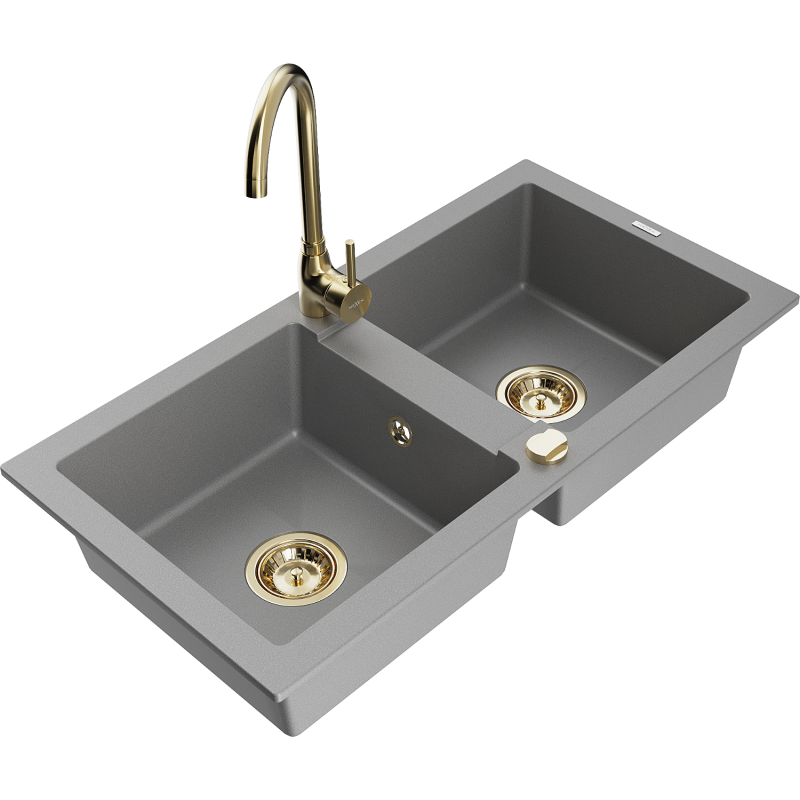Mexen Mario zlewozmywak granitowy 2-komorowy z baterią kuchenną Telma, szary - 6504-71-670200-50