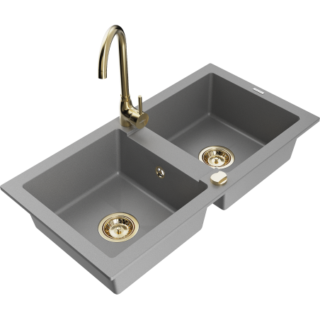 Mexen Mario zlewozmywak granitowy 2-komorowy z baterią kuchenną Telma, szary - 6504-71-670200-50