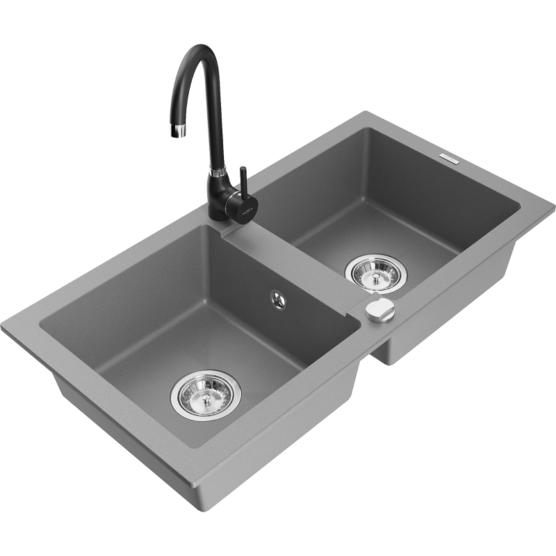 Mexen Mario zlewozmywak granitowy 2-komorowy z baterią kuchenną Telma, szary - 6504-71-670200-70