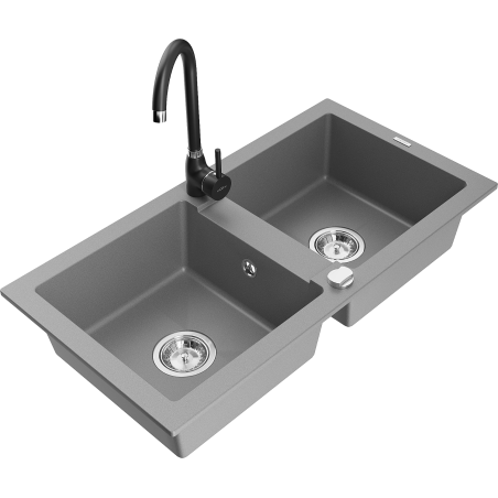 Mexen Mario zlewozmywak granitowy 2-komorowy z baterią kuchenną Telma, szary - 6504-71-670200-70