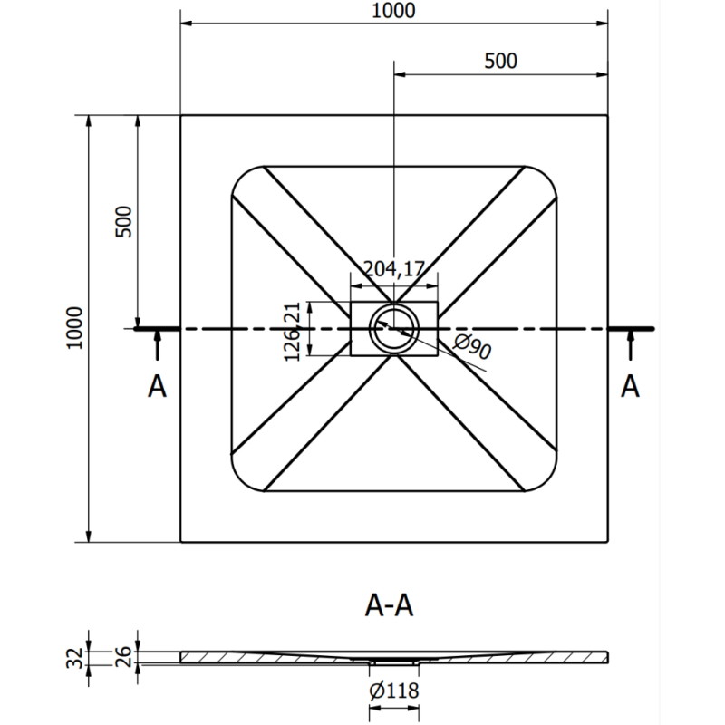 Mexen Hugo brodzik kwadratowy SMC 100 x 100 cm, beżowy, maskownica inox - 42691010-X