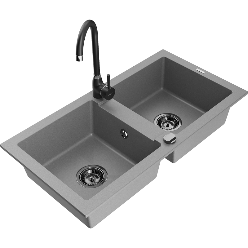 Mexen Mario zlewozmywak granitowy 2-komorowy z baterią kuchenną Telma, szary - 6504-71-670200-70-B