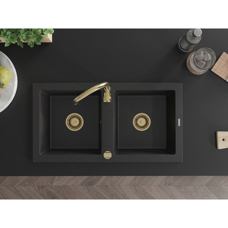 Mexen Mario zlewozmywak granitowy 2-komorowy z baterią kuchenną Telma, czarny/srebrny - 6504-73-670200-50