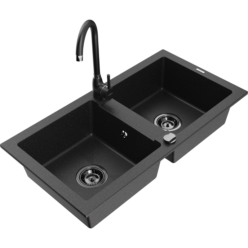 Mexen Mario zlewozmywak granitowy 2-komorowy z baterią kuchenną Telma, czarny/srebrny - 6504-73-670200-70-B