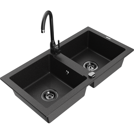 Mexen Mario zlewozmywak granitowy 2-komorowy z baterią kuchenną Telma, czarny/srebrny - 6504-73-670200-70-B