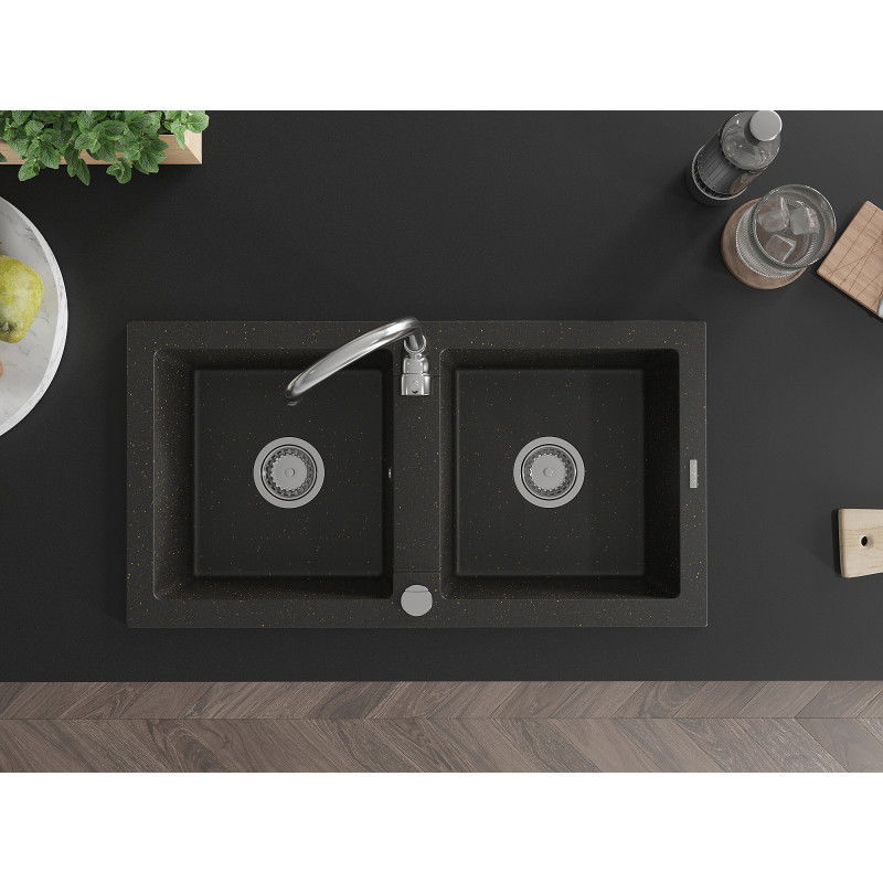 Mexen Mario zlewozmywak granitowy 2-komorowy z baterią kuchenną Telma, czarny/złoty - 6504-75-670200-00