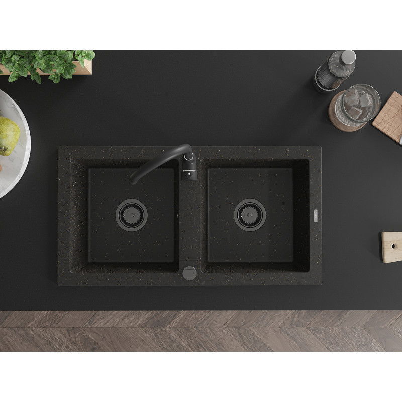 Mexen Mario zlewozmywak granitowy 2-komorowy z baterią kuchenną Telma, czarny/złoty - 6504-75-670200-70-B