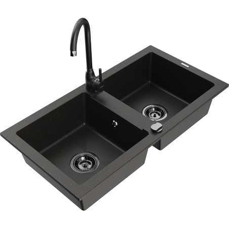 Mexen Mario zlewozmywak granitowy 2-komorowy z baterią kuchenną Telma, czarny/złoty - 6504-75-670200-70-B