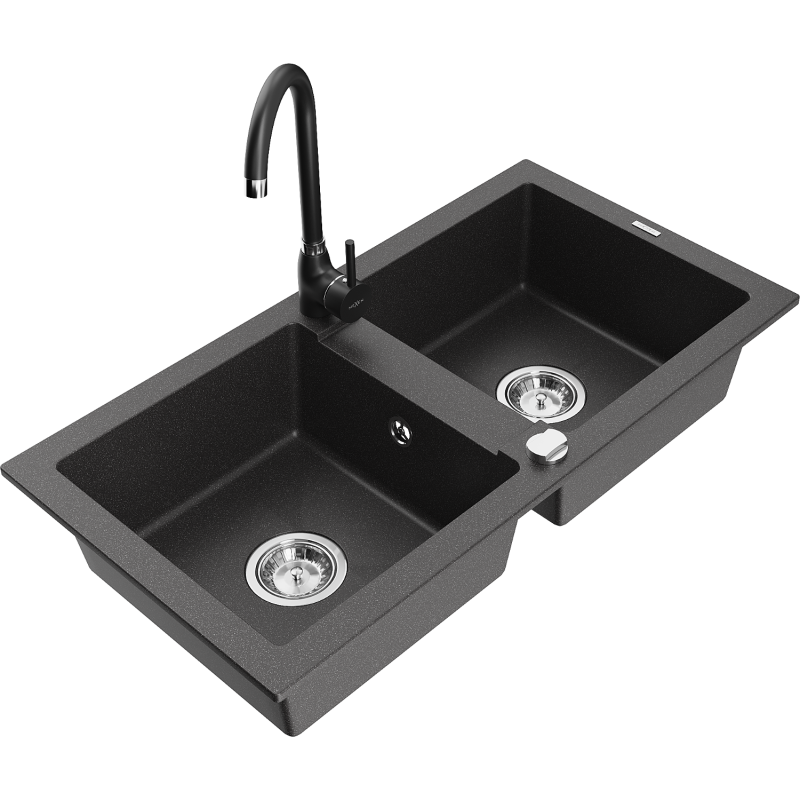 Mexen Mario zlewozmywak granitowy 2-komorowy z baterią kuchenną Telma, czarny nakrapiany - 6504-76-670200-70