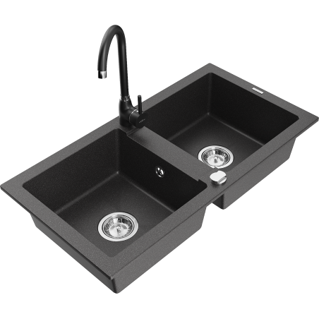 Mexen Mario zlewozmywak granitowy 2-komorowy z baterią kuchenną Telma, czarny nakrapiany - 6504-76-670200-70
