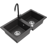 Mexen Mario zlewozmywak granitowy 2-komorowy z baterią kuchenną Telma, czarny nakrapiany - 6504-76-670200-70