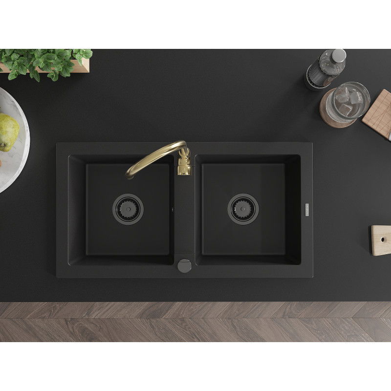 Mexen Mario zlewozmywak granitowy 2-komorowy z baterią kuchenną Telma, czarny - 6504-77-670200-50-B