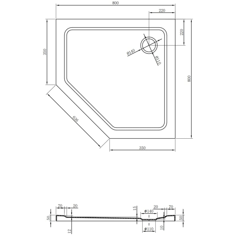 Mexen Flat brodzik pięciokątny slim 80 x 80 cm, czarny, syfon chrom - 41P708080
