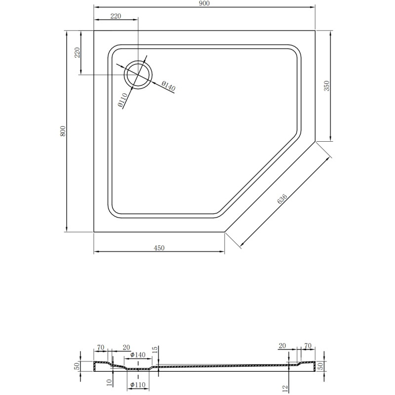 Mexen Flat brodzik pięciokątny slim lewy 90 x 80 cm, biały, syfon chrom - 41P108090L