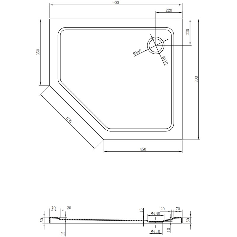 Mexen Flat brodzik pięciokątny slim prawy 90 x 80 cm, biały, syfon chrom - 41P108090R