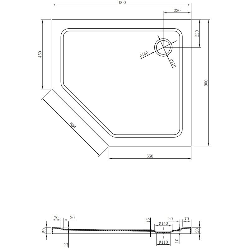 Mexen Flat brodzik pięciokątny slim prawy 100 x 90 cm, czarny, syfon chrom - 41P709010R