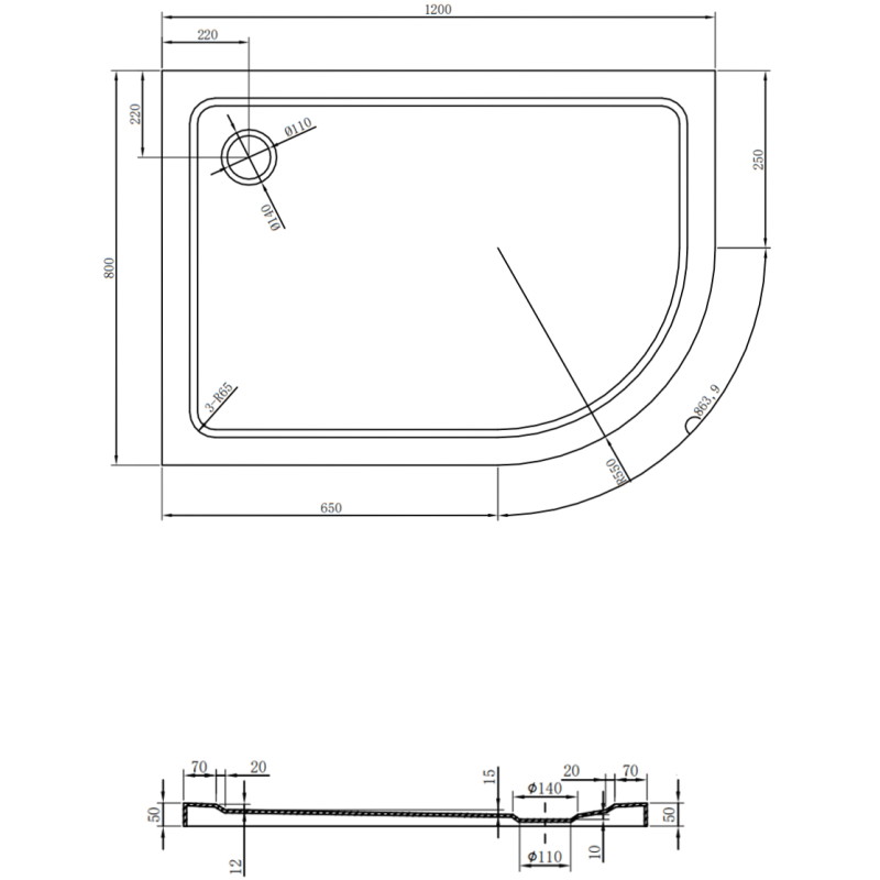 Mexen Flat brodzik półokrągły slim lewy 120 x 80 cm, biały, syfon złoty - 41108012L-G