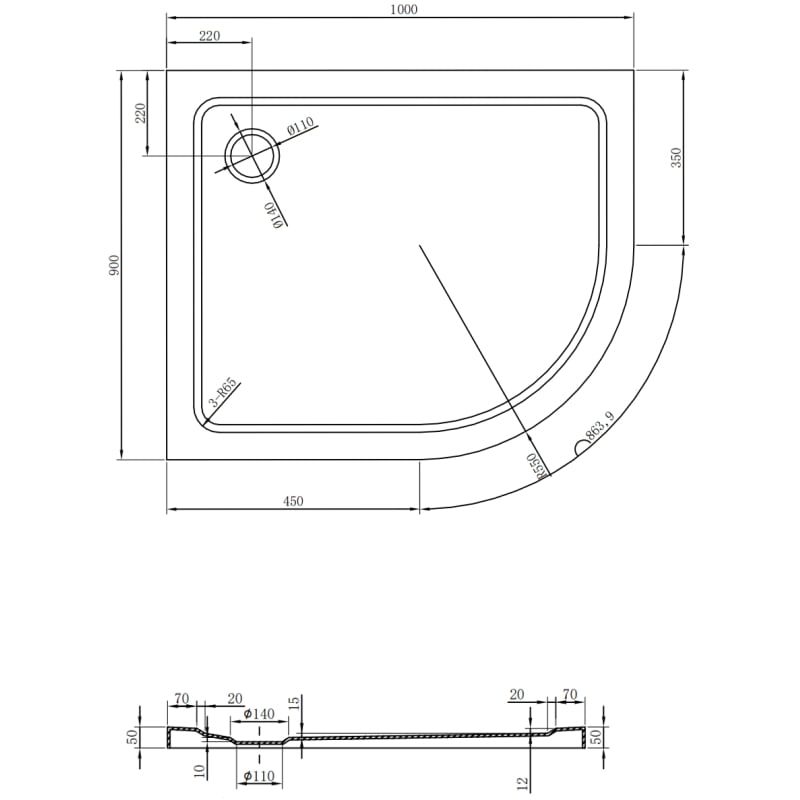 Mexen Flat brodzik półokrągły slim lewy 100 x 90 cm, biały, syfon złoty - 41109010L-G