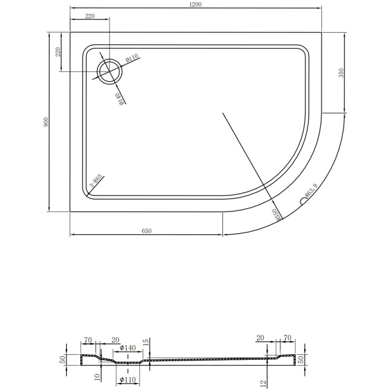 Mexen Flat brodzik półokrągły slim lewy 120 x 90 cm, biały, syfon czarny - 41109012L-B