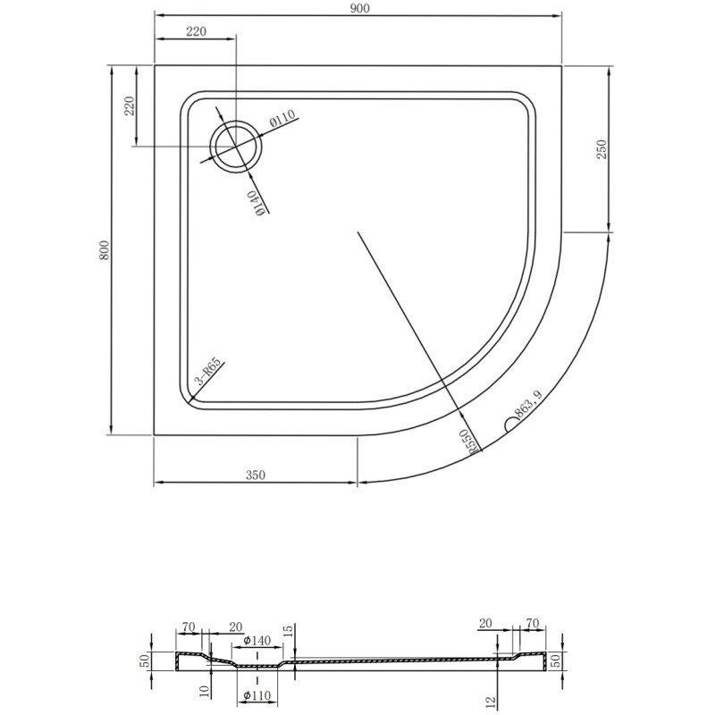 Mexen Flat brodzik półokrągły slim lewy 90 x 80 cm, czarny, syfon czarny - 41708090L-B