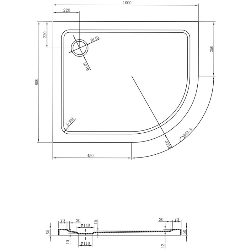 Mexen Flat brodzik półokrągły slim lewy 100 x 80 cm, czarny, syfon czarny - 41708010L-B