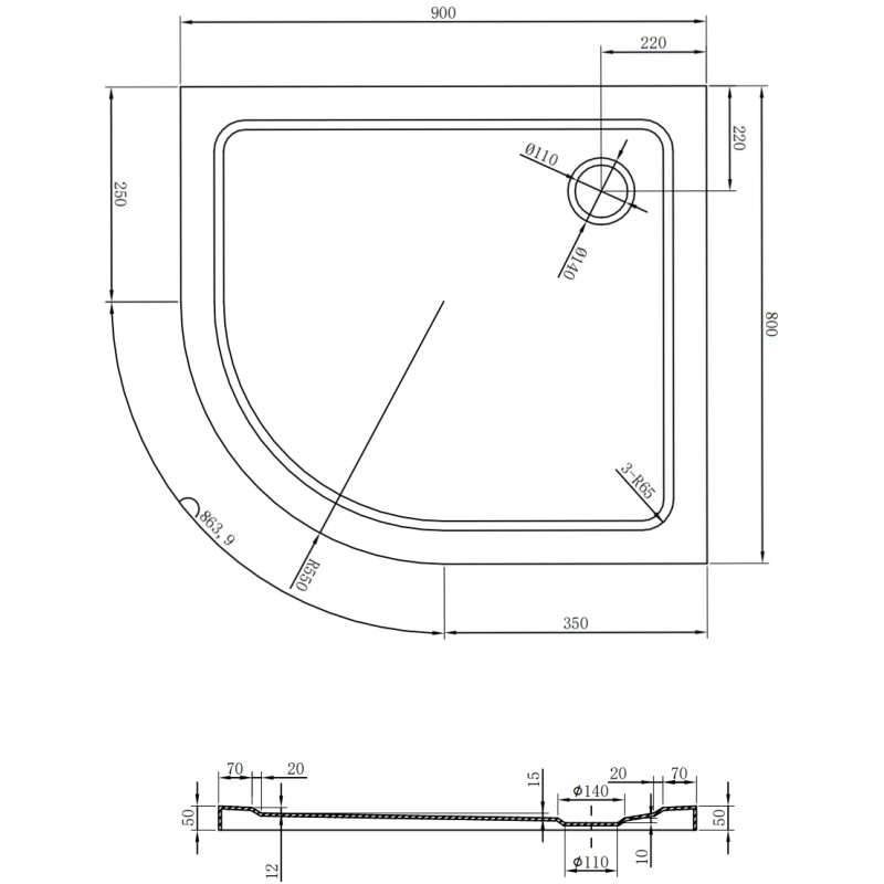 Mexen Flat brodzik półokrągły slim prawy 90 x 80 cm, biały, syfon chrom - 41108090P