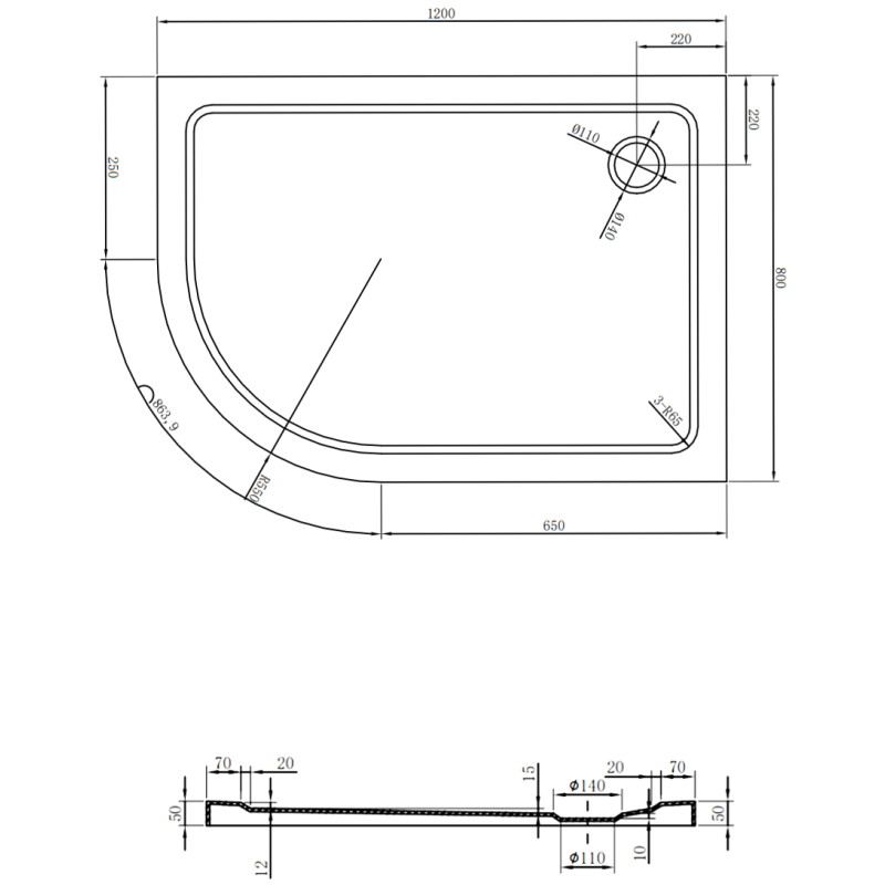 Mexen Flat brodzik półokrągły slim prawy 120 x 80 cm, czarny, syfon chrom - 41708012P