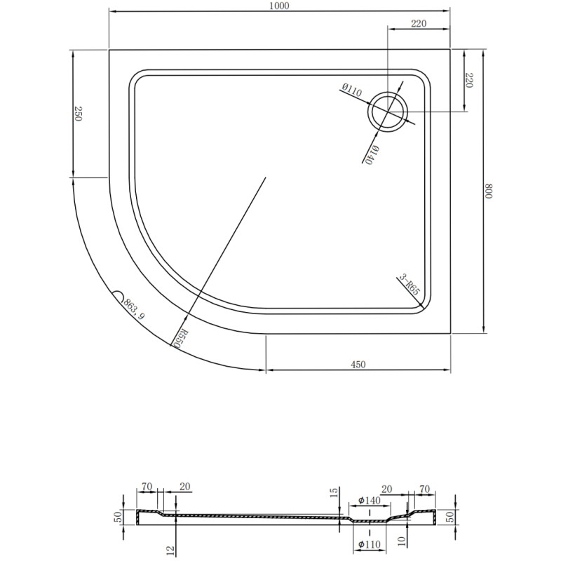 Mexen Flat brodzik półokrągły slim prawy 100 x 80 cm, czarny, syfon złoty - 41708010P-G