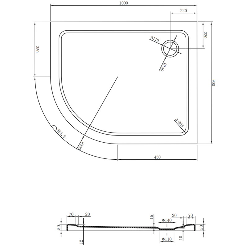 Mexen Flat brodzik półokrągły slim prawy 100 x 90 cm, czarny, syfon złoty - 41709010P-G