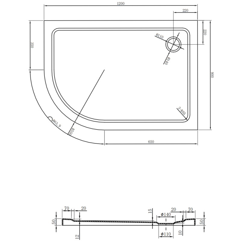 Mexen Flat brodzik półokrągły slim prawy 120 x 90 cm, czarny, syfon czarny - 41709012P-B