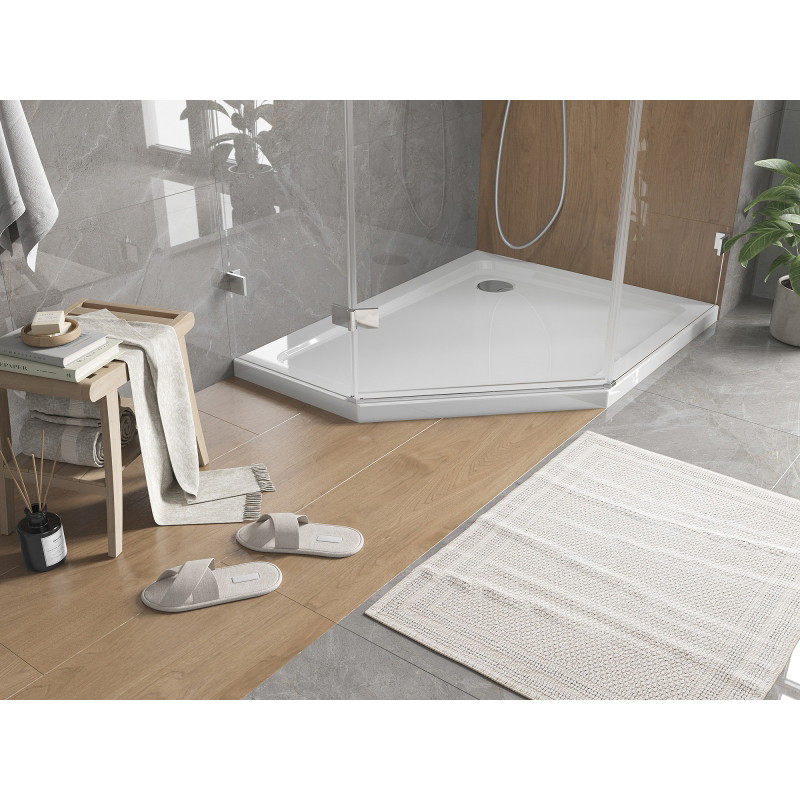 Mexen Flat brodzik pięciokątny slim prawy 100 x 80 cm, biały, syfon chrom - 41P108010R