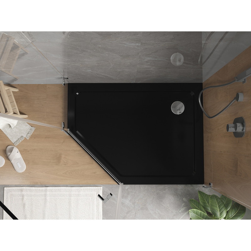 Mexen Flat brodzik pięciokątny slim prawy 90 x 80 cm, czarny, syfon chrom - 41P708090R