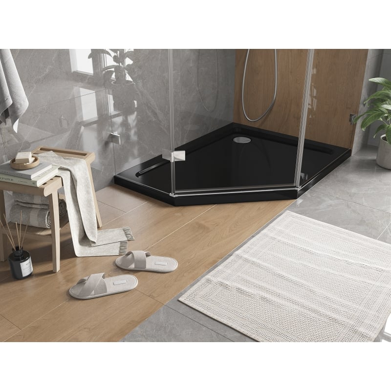 Mexen Flat brodzik pięciokątny slim prawy 100 x 80 cm, czarny, syfon chrom - 41P708010R