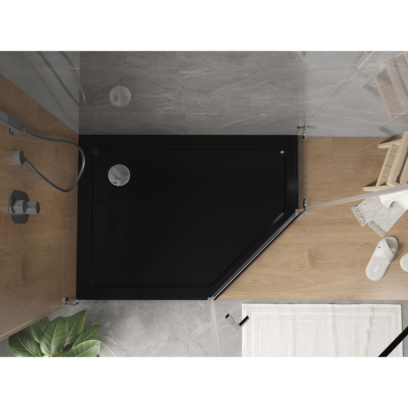 Mexen Flat brodzik pięciokątny slim lewy 100 x 90 cm, czarny, syfon chrom - 41P709010L
