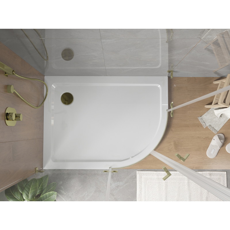Mexen Flat brodzik półokrągły slim lewy 100 x 80 cm, biały, syfon złoty - 41108010L-G