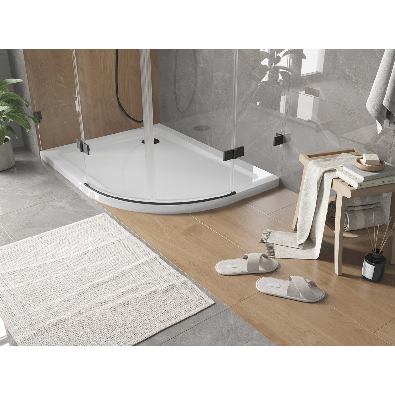 Mexen Flat brodzik półokrągły slim lewy 90 x 80 cm, biały, syfon czarny - 41108090L-B