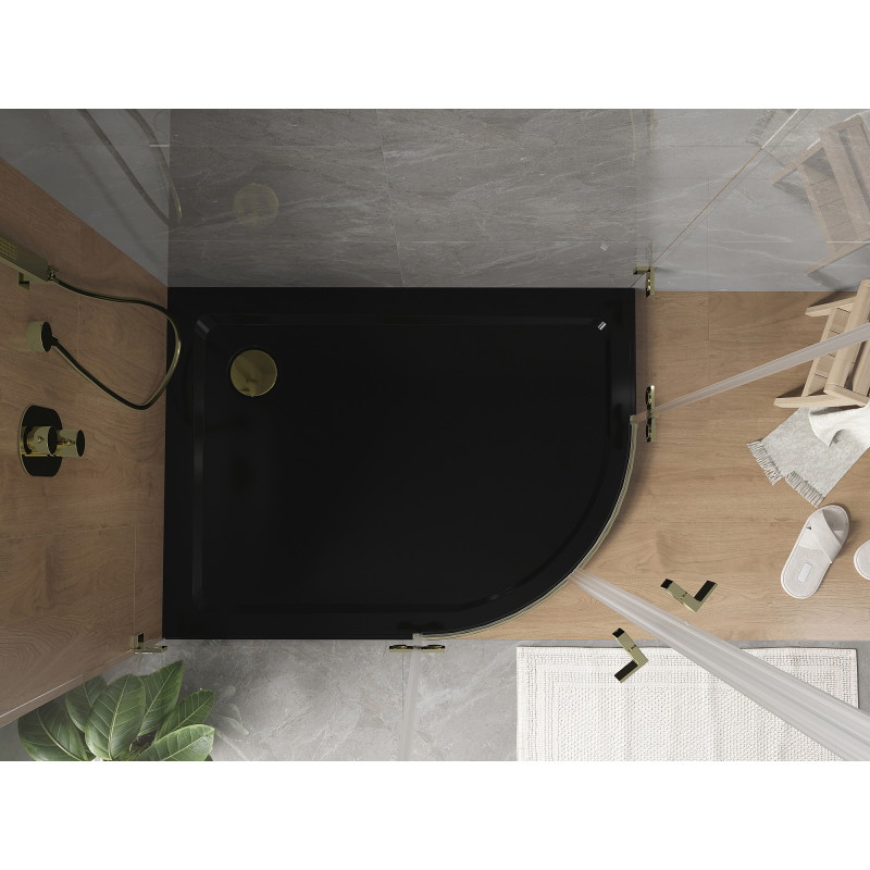 Mexen Flat brodzik półokrągły slim lewy 90 x 80 cm, czarny, syfon złoty - 41708090L-G
