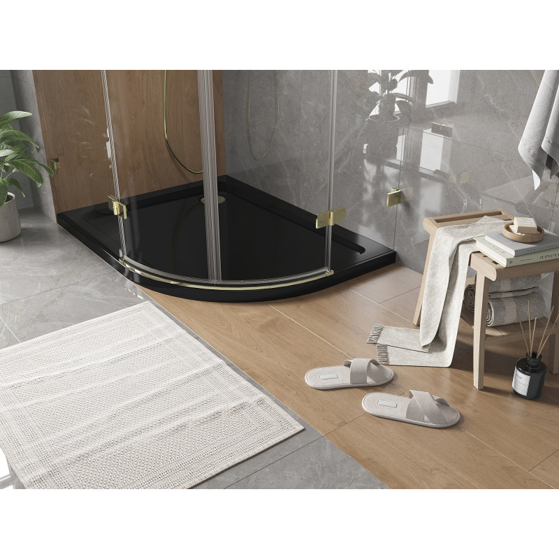 Mexen Flat brodzik półokrągły slim lewy 90 x 80 cm, czarny, syfon złoty - 41708090L-G