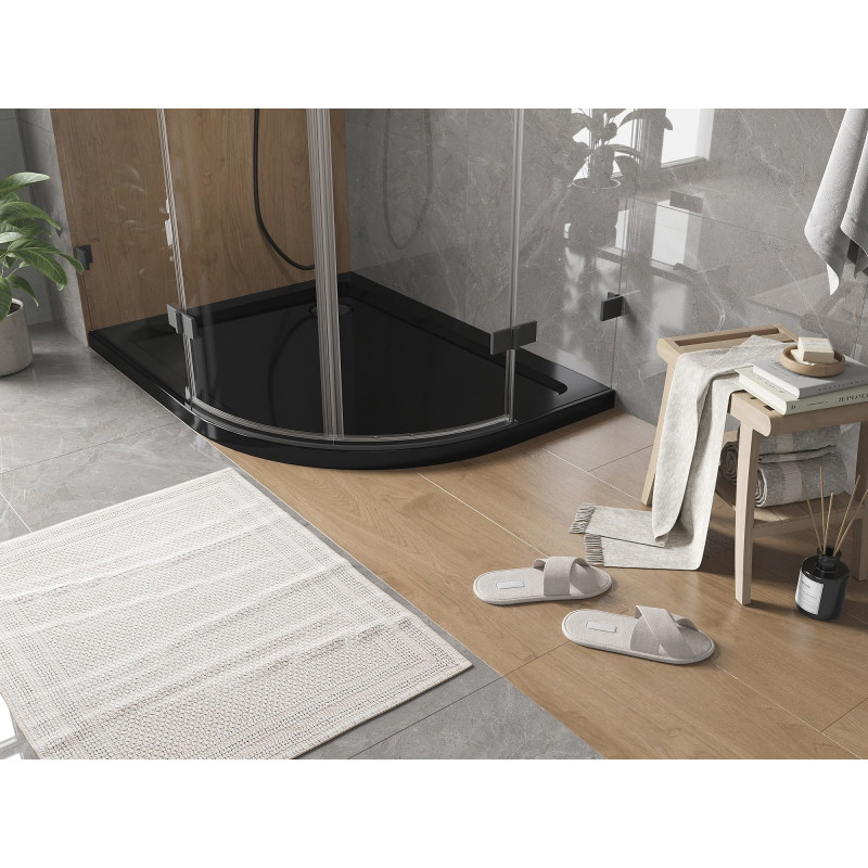 Mexen Flat brodzik półokrągły slim lewy 90 x 80 cm, czarny, syfon czarny - 41708090L-B
