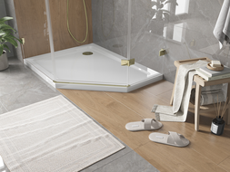 Mexen Flat brodzik pięciokątny slim lewy 90 x 80 cm, biały, syfon złoty - 41P108090L-G