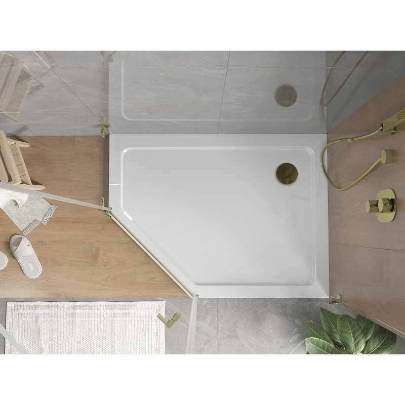 Mexen Flat brodzik pięciokątny slim prawy 90 x 80 cm, biały, syfon złoty - 41P108090R-G