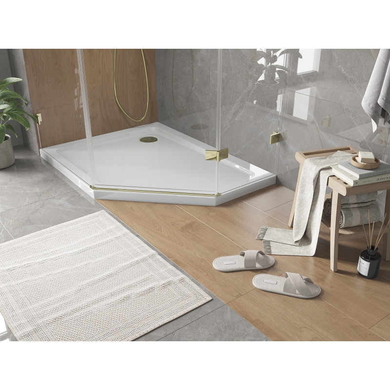 Mexen Flat brodzik pięciokątny slim lewy 100 x 80 cm, biały, syfon złoty - 41P108010L-G