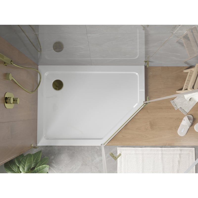 Mexen Flat brodzik pięciokątny slim lewy 100 x 90 cm, biały, syfon złoty - 41P109010L-G