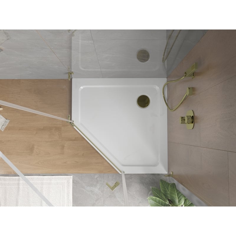 Mexen Flat brodzik pięciokątny slim 100 x 100 cm, biały, syfon złoty - 41P101010-G