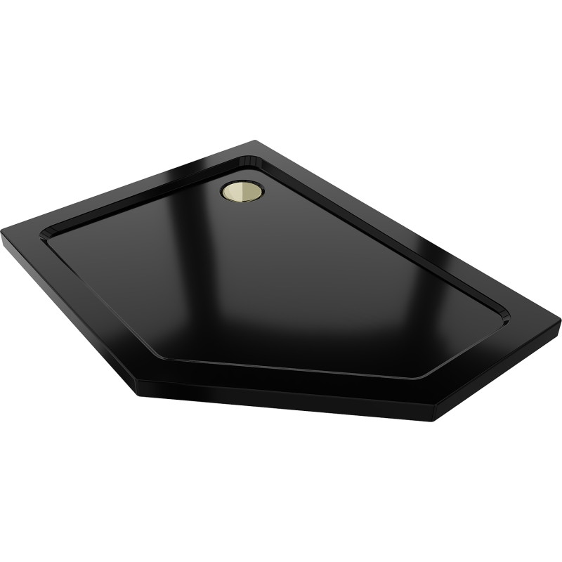 Mexen Flat brodzik pięciokątny slim lewy 90 x 80 cm, czarny, syfon złoty - 41P708090L-G