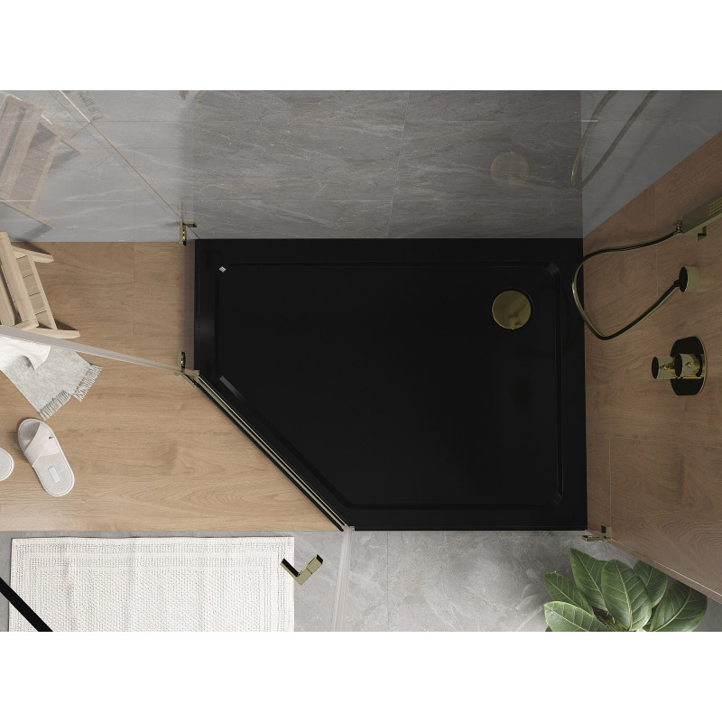 Mexen Flat brodzik pięciokątny slim prawy 90 x 80 cm, czarny, syfon złoty - 41P708090R-G