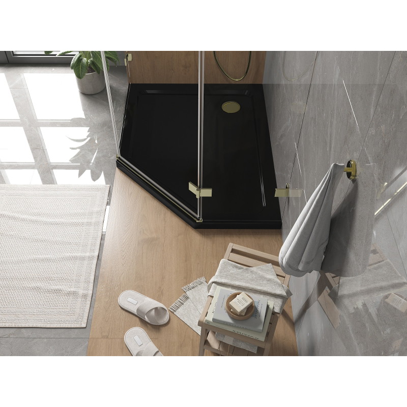Mexen Flat brodzik pięciokątny slim lewy 100 x 80 cm, czarny, syfon złoty - 41P708010L-G