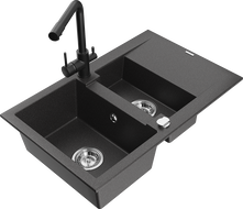 Mexen Gaspar zlewozmywak granitowy 1,5-komorowy z ociekaczem i baterią kuchenną Duero, czarny nakrapiany - 6507-76-671600-70